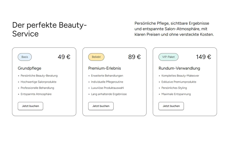 Preisblock eines Kosmetikstudios mit drei Paketen und Buchen-Buttons