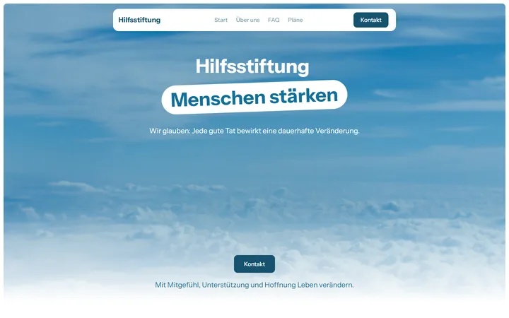 Startseite einer Hilfsstiftung mit Kontakt-Button, erstellt mit Mobirise